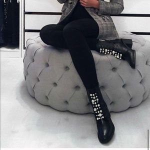 Zara Leather Pearl Block Heel combat Ankle Boots